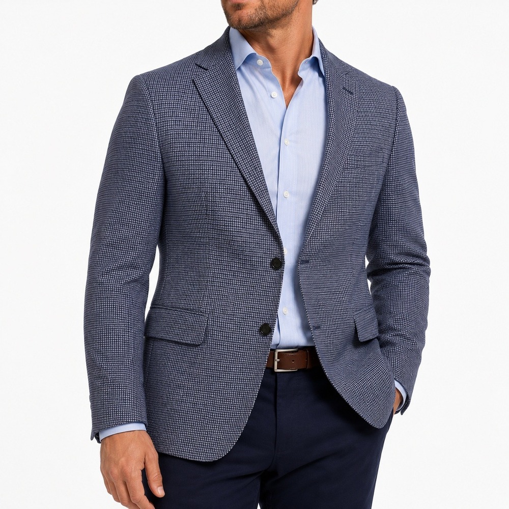Banana Republic Blazer Mens 44R Blue Houndstooth Linen Blend Sport Coat Tailored